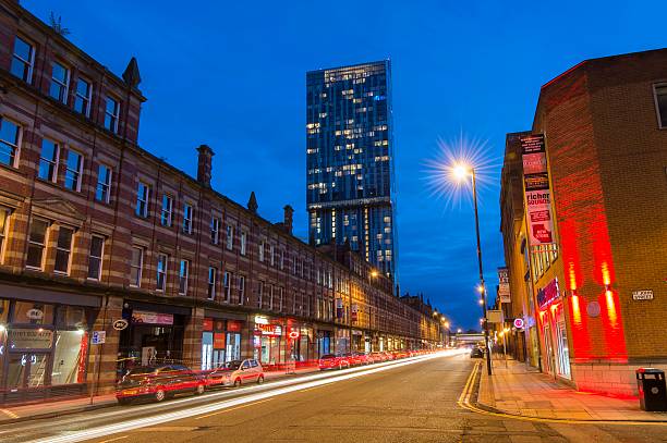 A View Down Deansgate at Night in Manchester Towards the Beetham Tower