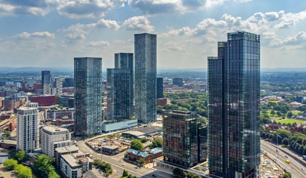 Aerial View of Deansgate Manchester Skyline England UK