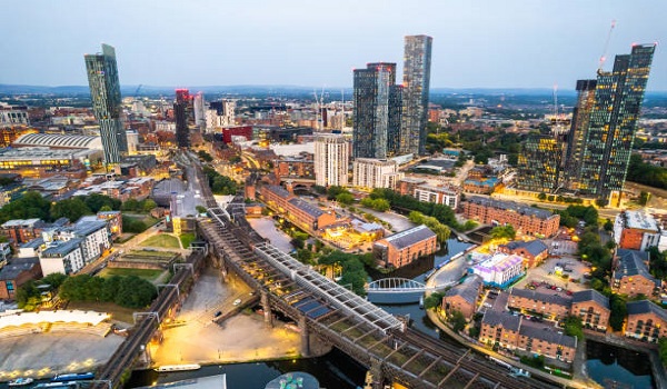 Manchester United Kingdom Aerial Shot of Modern Buildings with Lots of Counstruction